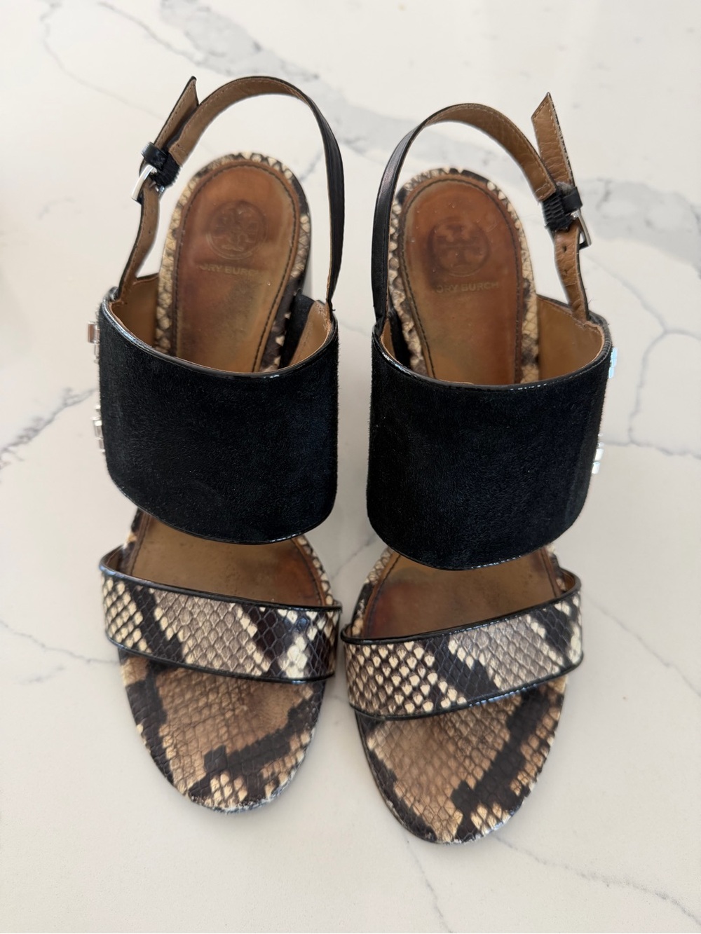 Tory Burch Black Suede & Snakeskin-Print Slingback Heels